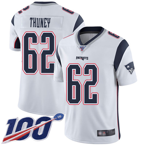 New England Patriots Football #62 Vapor Untouchable 100th Season Limited White Men Joe Thuney Road NFL Jersey